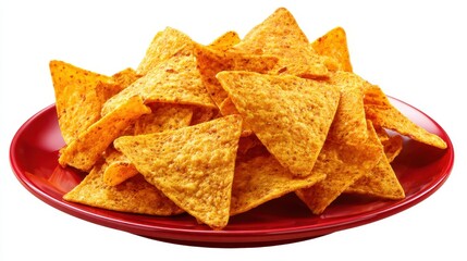 Ultra quality image of corn nachos on red plate isolated on white background doritos concept.