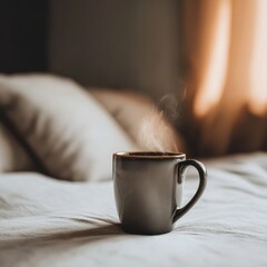 Steaming Coffee Mug on Cozy Bed with Soft Morning Light