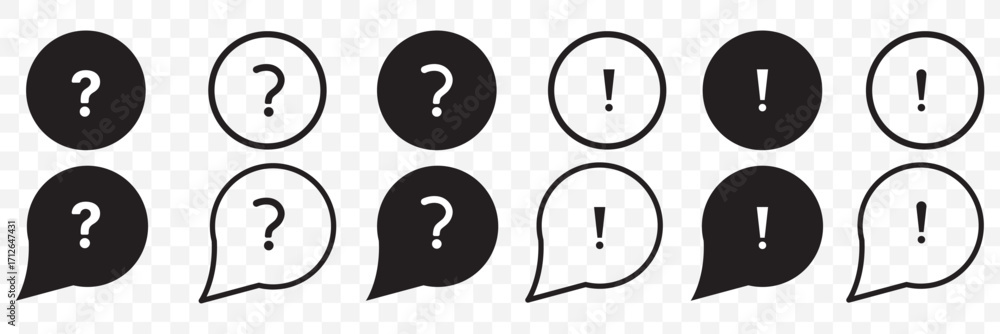 Poster set of question mark and exclamation mark icons. faq signs, help. help speech bubble sign, vector.