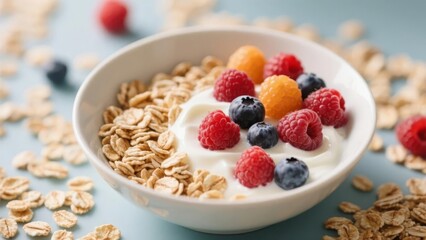 A bowl of yogurt topped with fresh berries and oats, surrounded by scattered oat flakes on a light blue surface.