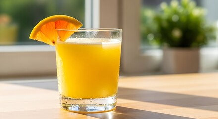 Refreshing Orange Juice in Glass on Wooden Table.