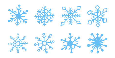 Christmas snowflake set with wax, blue crayon or charcoal texture. Quirky chalkboard style, perfect for kindergarten Xmas crafts, cards and holiday designs. Vector illustration drawn as if by a child