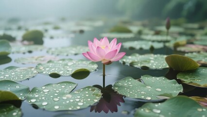 A pink water lily blooming on a calm pond surrounded by green lily pads with dewdrops.