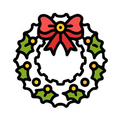Christmas Wreath Icon: Festive vector illustration of a traditional holiday wreath decorated with a vibrant red bow and holly.