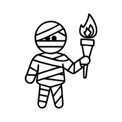 Mummy with Torch Illustration: An outline of a mummy, tightly wrapped in bandages, triumphantly holds aloft a burning torch, embodying the spirit of adventure and courage.
