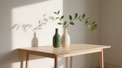 Minimalist wooden table with three vases and greenery, bathed in natural light
