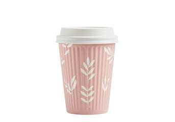 Isolated coffee cup with lid and leaves print, pink disposable coffee container for cafe