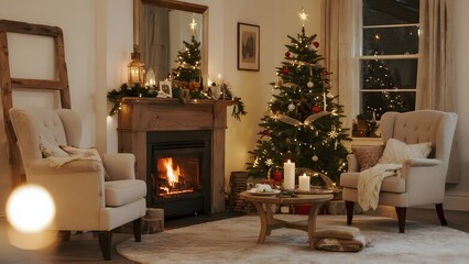 Fototapeta premium Cozy christmas living room with fireplace and decorated tree