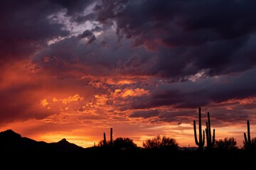 Dramatic Desert Sunset with Silhouette of Saguaro Cacti and Mountains.