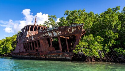 Rusty ship wreck in tropical waters