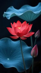 A vibrant red lotus flower in bloom with large blue-green leaves and buds against a dark background
