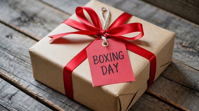Festive boxing day gift wrapped in brown paper and tied with a bright red ribbon and tag on a rustic wooden background