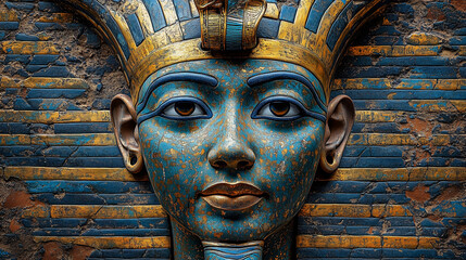 2-Color Portrait of King Tut with Ceremonial Headdress and Royal Attire
