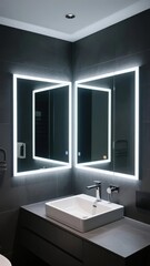 Modern bathroom with illuminated mirrors and white vessel sink