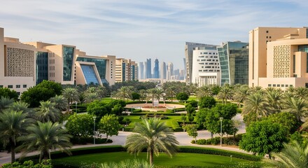 Fototapeta premium Modern Cityscape - Lush Greenery and Contemporary Architecture.