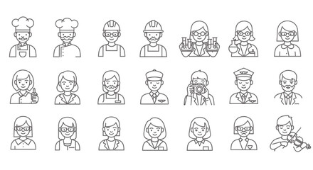 Line Icons Set of Professions People Occupations Jobs Career Workforce Vector Illustration