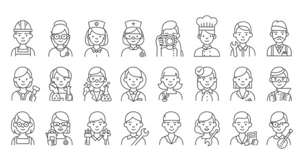 Obraz premium Line Icons Set of Professions and Occupations Doctor Chef Builder Photographer Scientist Teacher and More