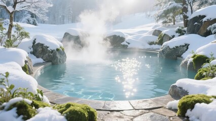 Snow-covered landscape with steaming hot spring pool surrounded by rocks and moss
