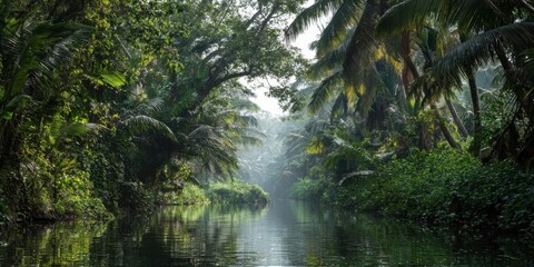 Tropical rainforest interior where mist diffuses the light, foliage dripping with water, jungle floor damp