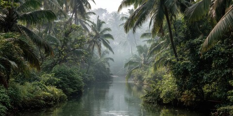 Tropical rainforest interior where mist diffuses the light, foliage dripping with water, jungle floor damp