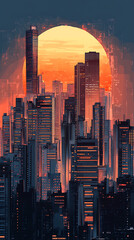Modern skyline glowing under warm sunset golden light high resolution picture