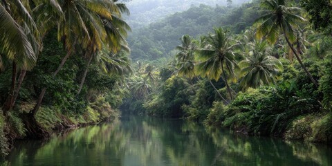Tropical rainforest interior where mist diffuses the light, foliage dripping with water, jungle floor damp