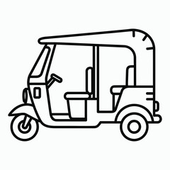 Fototapeta premium Black outline drawing of a three-wheeled auto rickshaw vehicle three wheeler transportation