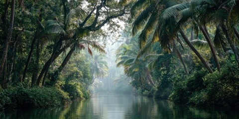 Tropical rainforest interior where mist diffuses the light, foliage dripping with water, jungle floor damp