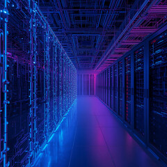 High Tech Server Room Interior with Glowing Blue and Purple Circuit Patterns
