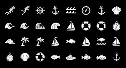 Nautical Icons Set  Anchor Ship Wave Compass Seashells Fish and Marine Elements Vector Illustration