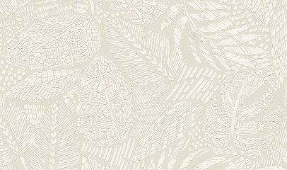 Seamless embossed leaf pattern with botanical textures in neutral beige tones, suitable for wallpaper, backgrounds, and surface design.
