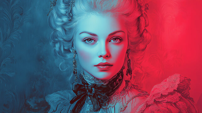 2-Color Portrait of Marie Antoinette in Royal Attire with Graceful and Defiant Expression