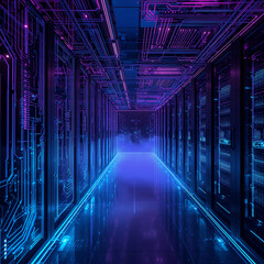 Futuristic Data Center Corridor with Neon Lights and Advanced Server Technology