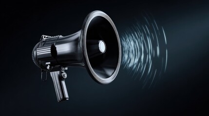 Illustrated black megaphone emitting bright concentric sound waves radiating outward on dark gray background.