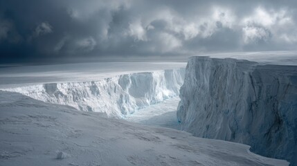 A vast icy canyon with steep snow-covered walls and gleaming ice under an overcast sky,