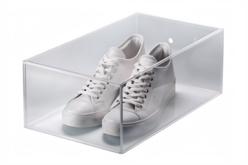 sneakers in clear shoe box isolated on white background, png, ai generated