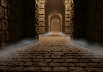 Ancient stone corridor with arches and mist, dimly lit with a mysterious atmosphere