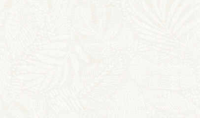 Seamless embossed leaf pattern with botanical textures in neutral beige tones, suitable for wallpaper, backgrounds, and surface design.