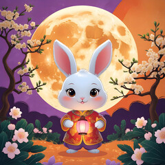 Mid autumn festival cartoon style banner design with cute rabbit and a full moon and Osman thus trees