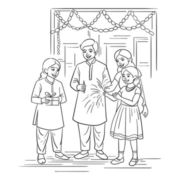 family celebrating diwali with sparklers clip art preview