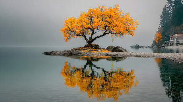 Golden autumn tree reflection - Powered by Adobe