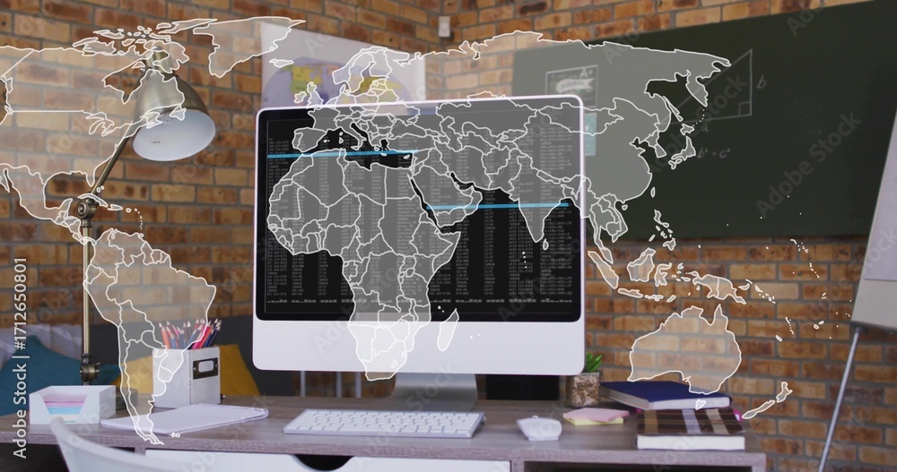 Poster displaying monitor showing code with world map overlay on desk in home office, with chalkboard