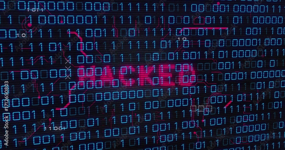 Poster displaying red neon hacked text glowing in digital interface, with binary digits and circuit traces