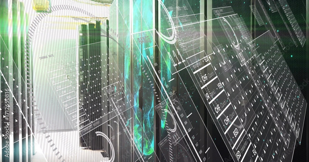 Aufkleber projecting glowing teal data stream pillar at data center with black server racks, digital overlays