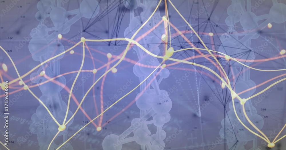 Fototapete displaying molecular models and colored network lines on grid in digital panel with axis labels