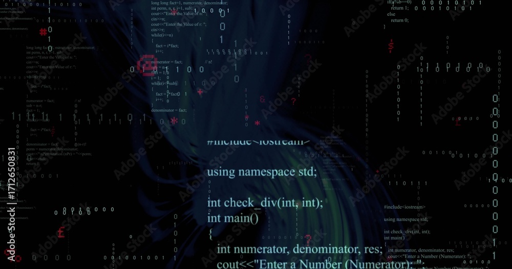 Poster displaying swirling fractal vortex in digital environment, with c++ snippets and binary digits