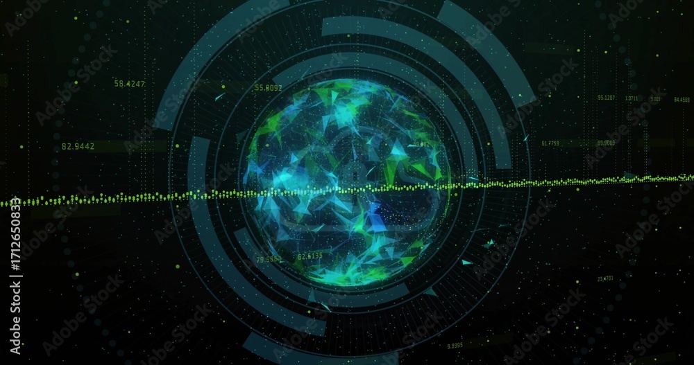 Poster displaying neon-green low-poly mesh rotating within control interface, with hud rings and waveform