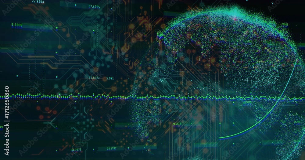 Poster point cloud globe forming in interface, with data line, board traces and numeric labels, copy space