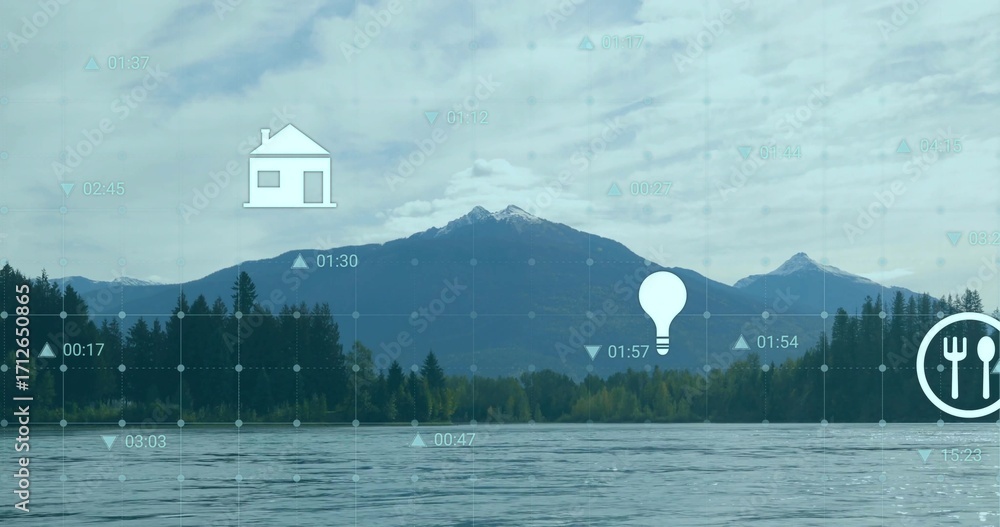 Poster showing snow-capped mountain peaks in lake by coniferous forest with grid overlay and icons