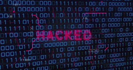 Displaying red neon HACKED text glowing in digital interface, with binary digits and circuit traces